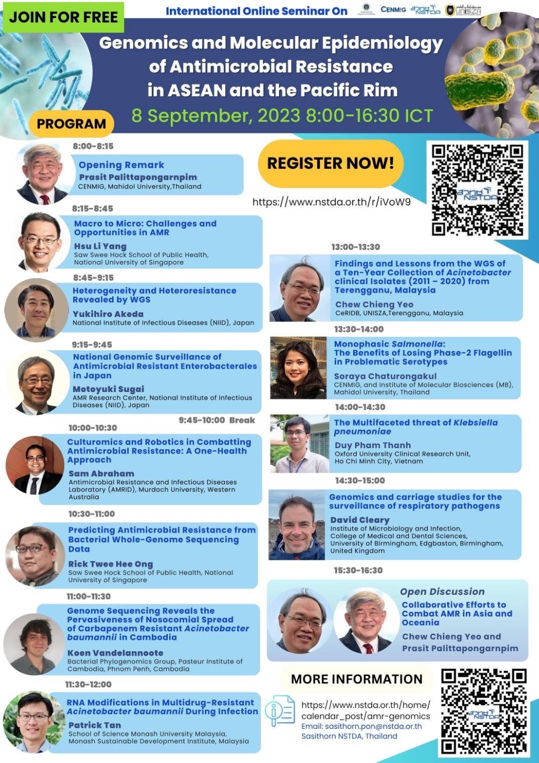 ขอเชิญคณาจารย์เข้าร่วมงาน International Online Seminar ในหัวข้อ “Genomics and Molecular Epidemiology of Antimicrobial Resistance in ASEAN and Pacific Rim” ใน วันศุกร์ที่ 8 กันยายน 2566 เวลา 08.00-16.30 น.  ผ่านระบบ Cisco Webex